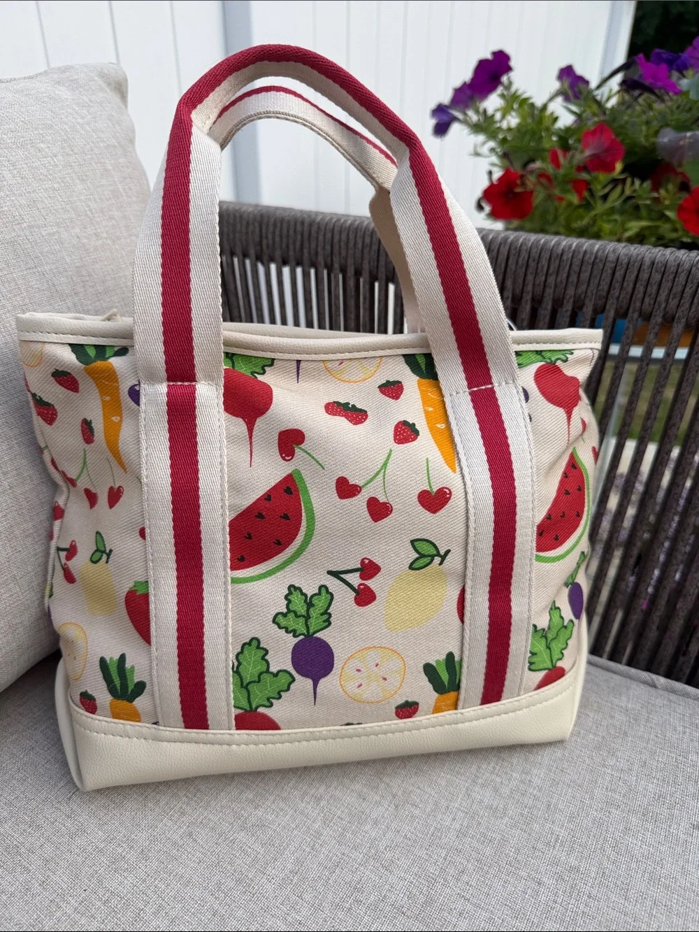 Betsey Johnson Canvas Fruit Print Crossbody Bag with Red Pom Charm NWOT - Picture 2 of 10